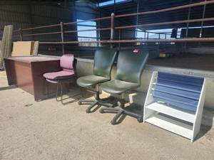lot 15434 image: Office Furniture Set Including Desk, Chairs, and Display Stand