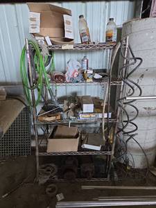 lot 19309 image: 5-Tier Chrome Wire Storage Shelf Unit With Contents