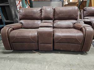 lot 15675 image: Brown Leather Power Reclining and Rocking Sofa with Cup Holders