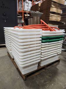 lot 15697 image: Bulk Lot of Industrial Commercial Storage Bins with Orange Hose