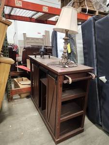 lot 15698 image: Assorted Lot W Farmhouse Wine Bar Cabinet, Metal Airplane Decor, and Table Lamp