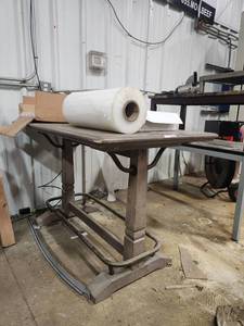 lot 15758 image: Assorted Lot W Industrial Wooden Work Table with Metal Base, Impulse Sealer and More
