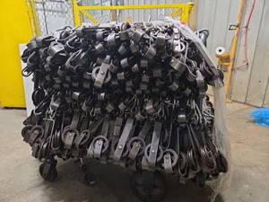 lot 15852 image: Bulk Lot of Metal Carcass Trolleys and Hooks for Rails - Set of 20