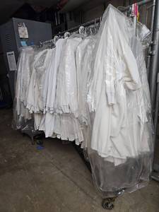 lot 15816 image: Commercial Clothing Rack with Bulk Lot of Lab Coats