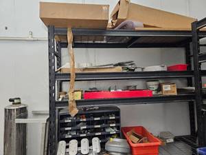 lot 15862 image: Contents of Shelf Including Electrical Components, Welding Tools, Springs, and More