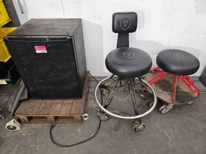 lot 15867 image: Compact Mini Fridge and (2) Shop Stools