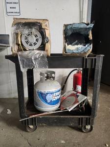 lot 15881 image: Assorted Lot W Inter Commercial Refrigerator Motor 5J11, Propane Tank, Rolling Cart, and More
