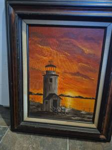 Lighthouse at Sunset Oil Painting in Wood Frame