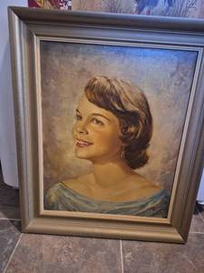 Mid-Century Portrait Oil Painting in Silver Frame