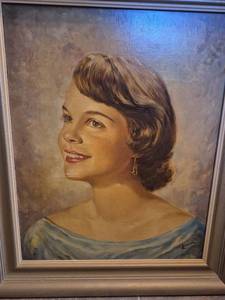 Mid-Century Portrait Oil Painting in Silver Frame