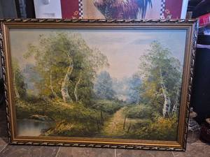 lot 6 image: Woodland Lake Scene Oil Painting with Ornate Frame