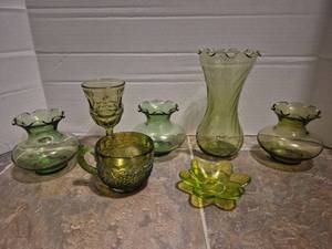 lot 28495 image: Green Glass Collection - Floral Pattern Vases and Bowls