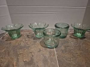 lot 28496 image: Green Glass Flower Votive Holders Set