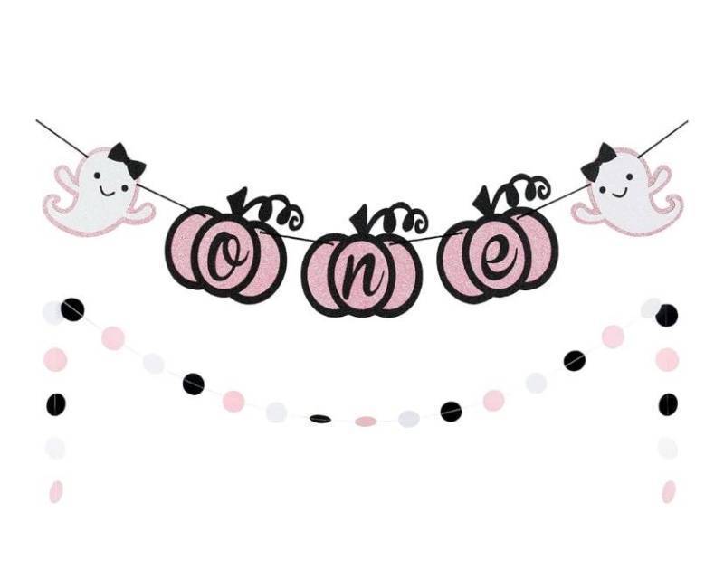 lot 962 image: Pink Ghost One Banner Pumpkin One Banner, Halloween Ghost One Birthday Banner for Pink Ghost Halloween 1st Birthday Party Decorations