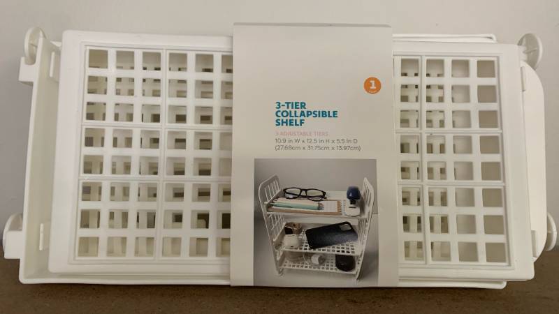 lot 386 image: 3-Tier White Collapsible Storage Shelf 10.9 x 12.5 x 5.4 inches