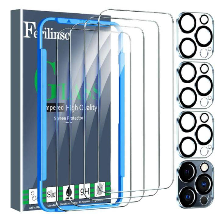 lot 657 image: Ferilinso 4 Pack Screen Protector for iPhone 15 Pro with Camera Lens  Tempered Glass  Phone Case Friendly  Ultra Accessories  4 Pack Camera Lens Protector (Lot of 5) (DP60)