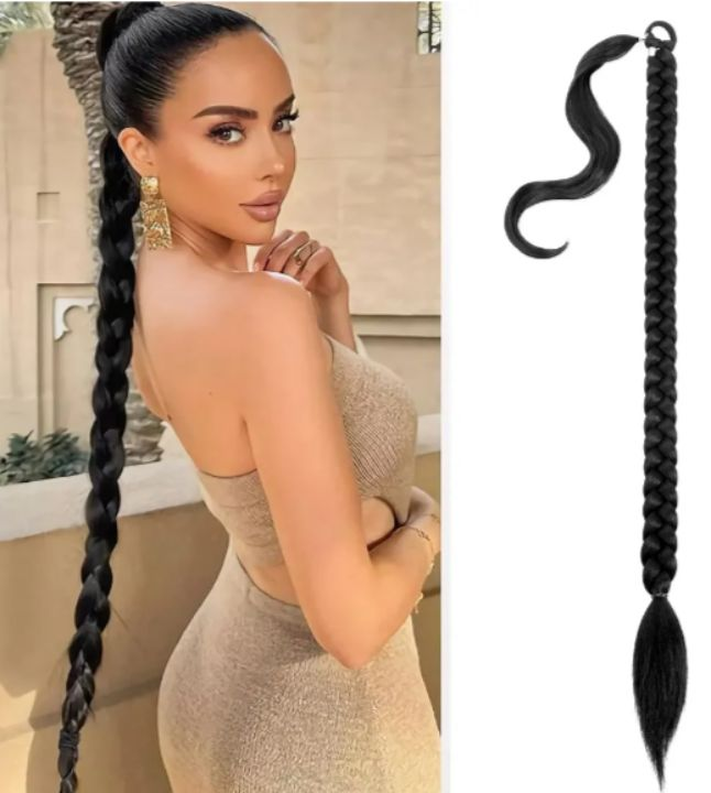 lot 872 image: Ponytail Extension,Vemet Braided Ponytail Extension Black Women with Hair Tie,Straight Wrap with Braid Synthetic Hair