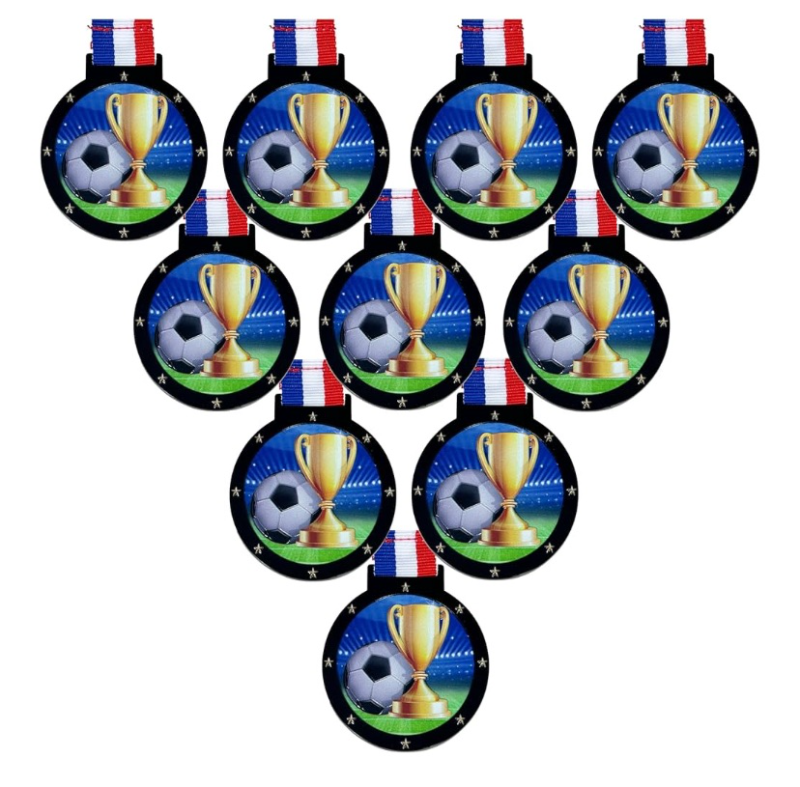 lot 891 image: 10 Pack of Large 2.25 Inch Soccer Award Medals with Attached Neck Ribbons Trophy Medal Trophies Gift Prize Team Black Gold Star UV DP60