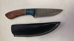 Handcrafted Copper Damascus Steel Hunting Full tang Knife blade with wood Handle with leather sheath fishing approx 8.75 inches