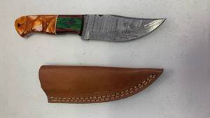 Handcrafted Damascus Steel Hunting Full tang Knife blade with leather sheath fishing approx 8 inches