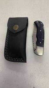 lot 29 image: Handcrafted Damascus Steel Folding Knife with Black Wood Handle approx 6.75 inches