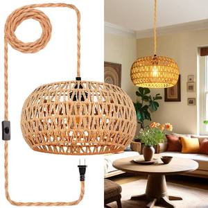 lot 25605 image: Eqquorva Hanging Lights with Plug in Cord Rattan Hanging Lamp Boho Ceiling Light Fixtures Farmhouse Pendant Lamp Shape for Living Room Bedroom Kitchen - Retail $40