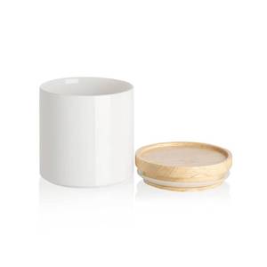 lot 25617 image: Sweejar Kitchen Canisters Ceramic Food Storage Jar, Stackable Containers with Airtight Seal Wooden Lid for Serving Coffee Bean, Flour, Tea, Spice and More - 39 Fl Oz (White) - Retail $20