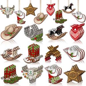 lot 25622 image: Memorywuu 36 Pcs Western Christmas Ornaments Cowboy Xmas Tree Decorations Cowboy Hat Boots Sheriff Badge Christmas Baubles Horse Cattle Wooden Cutouts for Tree Home Wreath Party Indoor Decor - Retail $9