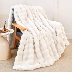 lot 25624 image: Faux Rabbit Fur Throw Blanket for Couch, Fluffy Warm Plush Thick Bubble Blanket for Bed Sofa Living Room, Soft Cozy Furry Blanket, 60x80 inches, Cream White - Retail $61
