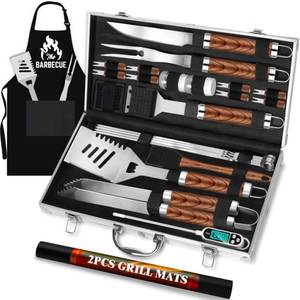 lot 25626 image: ROMANTICIST 26pcs Stainless Steel Grill Tool Set, Heavy Duty BBQ Grilling Accessories Gifts for Men Dad, Non-Slip Grill Utensils Kit with Apron, Thermometer, Mats in Aluminum Case for Valentines Brown - Retail $30