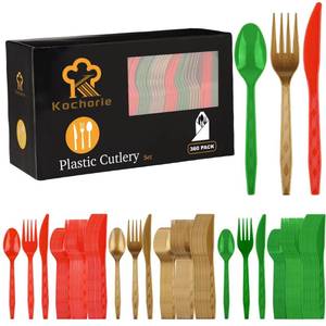 lot 25630 image: Kochorie 360 Pieces Christmas Plastic Cutlery Set Disposable Plastic Utensils Heavy Duty Flatware Set Includes Red Green Gold 120 Knives 120 Forks 120 Spoons for Christmas Party Wedding Birthday - Retail $24