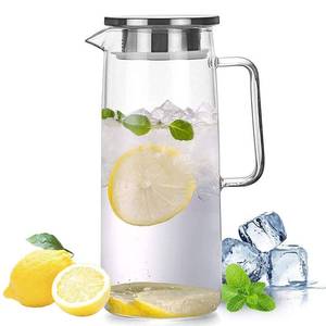 lot 25655 image: GENTI Glass Pitcher with Lid, 1200ml40oz Glass Water Carafe with Handle, Iced Tea Pitcher for Fridge, Borosilicate Glass Jug for Juice, Milk, Hot and Cold Beverage - Retail $18