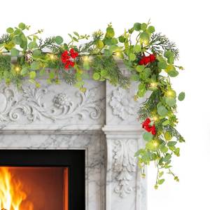 lot 25666 image: 6FT Prelit Christmas Garland with Lights, Realistic Eucalyptus Garland with Artificial Cedar Cypress Leaves Red Berries Pine Cone Greenery Xmas Garland for Mantle Stair Railing Fireplace Decoroation - Retail $17