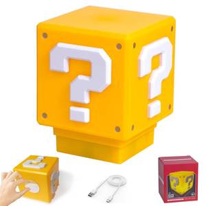 lot 25673 image: TNOKDY Super Bros Mini Night Light Question Block Toys Night Light for Kids Square Brick USB ith Game Sound Effects Lamp for Desktop as Gifts for Kids Lamps for Bedrooms Boys - Retail $14