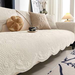 lot 25680 image: vctops Boho Cotton Quilted Couch Cover Soft Embroidered Sofa Cover Non-Slip Dog Bed Cover Scalloped Sofa Slipcover Washable Furniture Protector Cover (Cream,28x59) - Retail $28