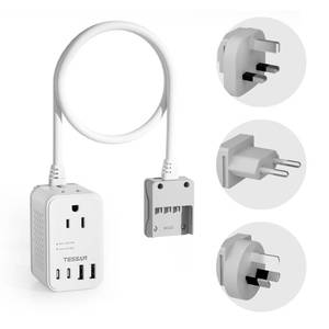 lot 25690 image: TESSAN 220 to 110 Voltage Converter US to Europe, International Travel Power Adapter with 4 USB Ports(2 USB C), 2 AC and EUUKAU Plug Universal Power Converter Adapter Combo, Step Down Transformer - Retail $34