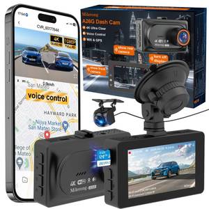 lot 25696 image: 4K Dash Cam Front and Rear Camera with Voice Control,Car Cameras Dashcam for Cars with WiFi, GPS, 64G Card, 24H Parking Monitor, G-Sensor,IR Night Vision,Loop Recording - Retail $56
