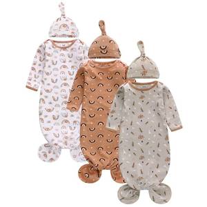 lot 29895 image: Newborn Knotted Nightgown Long Sleeve with Matching Hat Set 3 Pack, Unisex Baby Sleeper Gowns Coming Home Outfits Set with Mitten Cuffs for Boys Girls 3-6 Months - Retail $22
