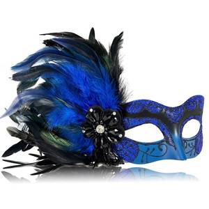 lot 29900 image: MYSEUNI 2025 New Blue and Black Masquerade Mask for Women with Feathers - Womens Mascarade Venetian Mask for Masquerade Party, Mardi Gras, Halloween Cosplay Prom, Christmas - Retail $17
