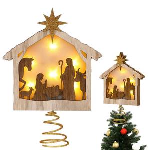 lot 29911 image: Craftsatin Nativity Scene Christmas Tree Topper Wood Xmas Tree Decoration with LED Light Christmas Ornaments Xmas Table Display Decor for Winter Holiday Party Supplies Gifts - Retail $24