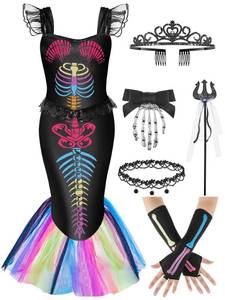 lot 29925 image: Liitrsh 5 Pcs Halloween Skeleton Costume Fishtail Mermaid Dress with Accessories for Halloween Cosplay(12,Colored)