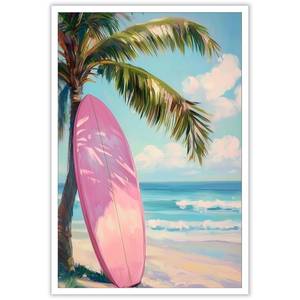 lot 29940 image: Blue And Pink Coastal Wall Art Retro Pink Surfboard Print Painting Funny Fashionable Art Aesthetics Canvas Posters For Teen Girl Dorm Apartment Bedroom Living Room 12x16in Unframed - Retail $10