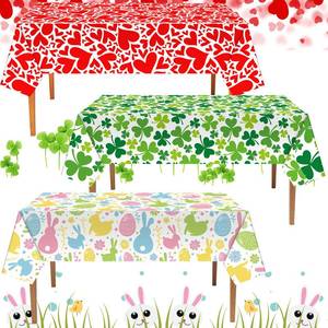 lot 29941 image: SmoothNovelty 3 Pcs Valentines St. Patricks Easter Vinyl Tablecloth 108 x 54 Inch Heart Rectangle Tablecloth Disposable Plastic Shamrocks Clover Egg Table Cover Waterproof Print for Party Supplies - Retail $14