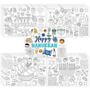lot 29942 image: Sinasasspel Hanukkah Coloring Placemats 24PCS Disposable Table Place Mats Happy Chanukah Party Decor Kitchen Dining Activity Paper Supplies Menorah Dreidel Games 4 Designs - Retail $12