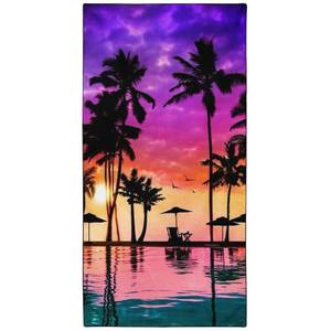 lot 39911 image: OHTMTHO Oversized Beach Towel Quick Dry Sand Free Lightweight Microfiber Beach Towels for Swim Pool Camping Travel, Seaside Sunset Coconut Palm Trees, 36x72 - Retail $22