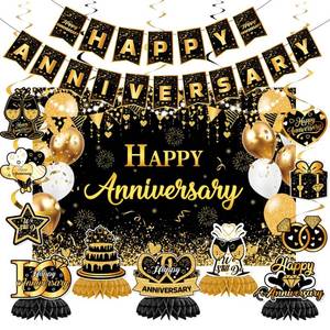 lot 39927 image: Happy Anniversary Decorations - Black Gold Wedding Party Decorations Kit, Happy Anniversary Banner, Backdrop, Hanging Swirls for Work Decorations (Black Gold) - Retail $16