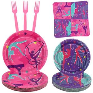 lot 39936 image: Gymnastics Birthday Party Decorations, Gymnastics Party Plates, Napkins, Forks, Tableware Sets for Gymnastics Party Supplies, Your Little Dance Gymnasts with Gymnastics, Serves 25 (Gymnastics) - Retail $15