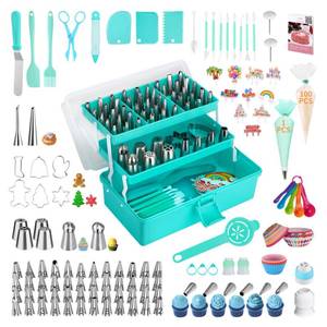 lot 48784 image: Cake Decorating Supplies Tools Kit 358 pcs Baking Accessories with Storage Case - Piping Bags and Icing Tips Set - Puffs Christmas Cookie Cutters Cupcake Set for Beginners or Professional, Mint Green broken top - Retail $40