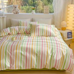 lot 48814 image: LIWHENHAO Striped Duvet Cover Set Queen 100% Cotton Bedding Red Green Yellow Orange Pink Rainbow Line on White 1 Stripe Geometric Comforter Cover Full  for Kids Girls Boys Woman - Retail $53