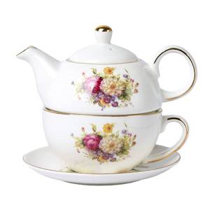 lot 48831 image: CHILDIKE European Porcelain Tea for One, Vintage Floral Teapot and Saucer Set, Gold Trim Floral Teapot, Tea Cup with Saucer Set - Retail $25